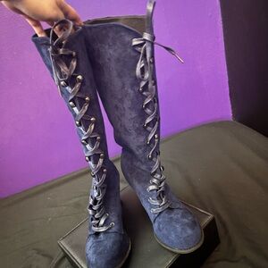 Stylish Blue Lace-Up Knee-High Boots
